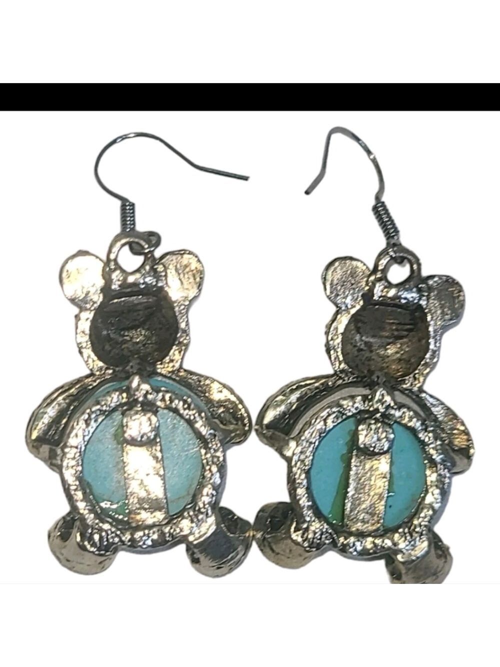 Turquoise & Silver Tone Teddy Bear Dangle Earrings - Picture 4 of 5